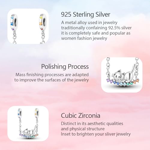 925 Sterling Silver Charms for Bracelets and Necklaces Lipstick and Perfume High Heels Dangle Pendants Heart Butterfly Bead Charms Halloween Christmas Gift for Womens - style: Cat Safety Chain