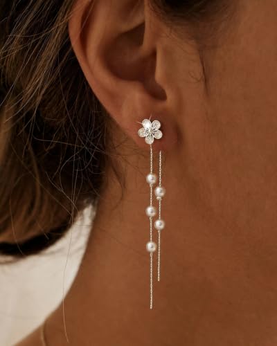 14K Gold Plated/Sterling Silver CZ Pearl Drop Dangle Earrings for Women - color: Silver-Flower Pearl