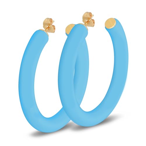 Gold Plated Multicolor Resin Chunky Thick Open Hoop Earrings in 57MM and 37.5MM Diameters - color: Blue - Bright - Matte Finish, size: 57MM (2.24") Diameter