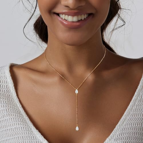 Luxval Diamond Pendant Gold Necklace for Women，Dainty 18k Gold Plated Choker Necklaces Simple Gold Jewelry Gifts for Women - color: Gold-Y teardrop