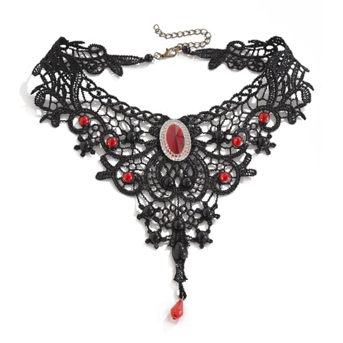PINK TOWN Gothic Lace Choker Necklace for Women,Vintage Red Black Crystal Pendant Necklaces Punk Style Vampire Necklace Hollowed Out Layer Necklaces Halloween Jewelry Accessories - color: Red2
