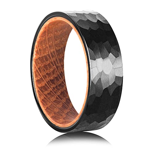 Tungsten Rings for Men Womens 8mm Black Silver Fashion Promise Wedding Band Carbide Inner Hole Inlaid Whiskey Barrel Wood Chamfer Frosted Matte Finish Edge Comfort Fit size 7-12 - color: black hammer