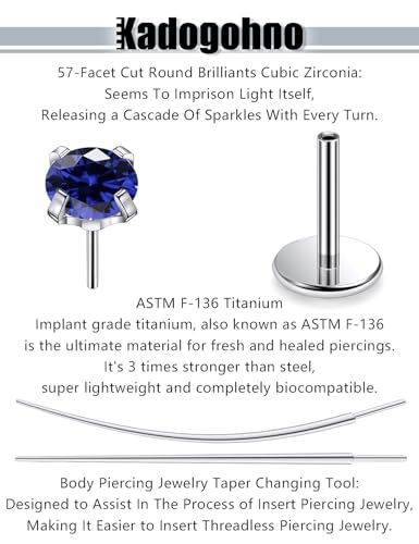 F136 Titanium 20/18/16g Internally Threaded Medusa Monroe Lip Ashley Labret Nose Rings Flat Back Tragus Helix Cartilage Conch Screw Stud Earrings Surgical Steel Piercing Jewelry for Women - color: Blue CZ, size: 20g*1/4in