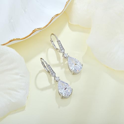Women 925 Sterling Silver Birthstone Teardrop Leverback Drop Dangle Earrings 8 * 12mm 5A Cubic Zirconia Jewelry for Her - color: April,Zirconia