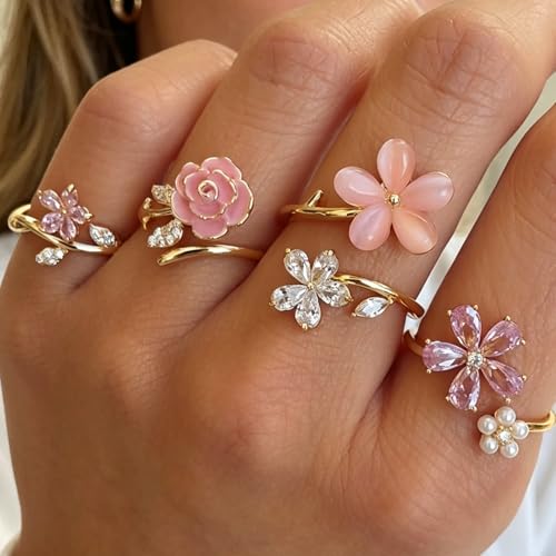 Gold Stackable Ring Set for Women, Dainty Fashion Rings Set with Pearl, Crystal, Heart, Bow and Wave Design, Trendy Midi Finger Rings Jewelry Gift - color: A2
