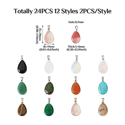 24pcs Teardrop Shaped Stone Pendants 12 Styles Natural & Synthetic Gemstone Charms Mixed Healing Chakra Crystal Pendant for Stone Jewelry - color: 1-Mixed Color-Teardrop-12 Styles