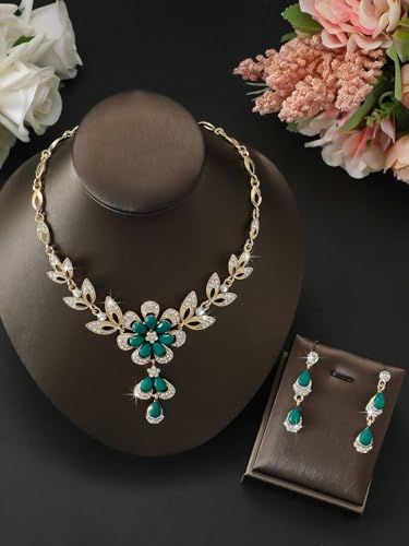 Wedding Jewelry Sets for Brides Rhinestone Necklace and Earring Set Bracelet Ring Gold Silver Prom Jewelry Sets Diamond Flower Teardrop Necklace for Women - color: Style3-Green