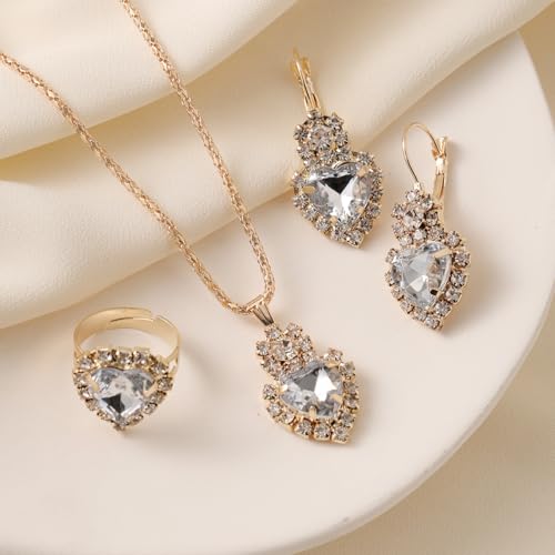 MALOYANVE 4PCS Crystal Heart Jewelry Set Glitter Gold Cubic Zirconia Love Heart Pendant Necklace Lightweight Hoop Earrings Bangle Bracelet Adjustable Open Ring Prom Wedding Jewelry for Women - color: White