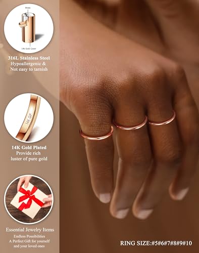LOYALLOOK 1.5mm Silver Rings for Women Non Tarnish Stainless Steel Rings | Thin Stackable Band Rings Plain Knuckle Rings Thumb Pinky Midi Stacking Rings - color: Rose Gold Tone