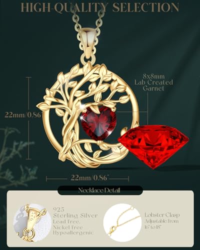 FANCIME Tree of life Birthstone necklace Sterling Silver Pendant Birthstone Necklace Gemstone Anniversary Birthday Jewelry Mothers Day Gifts for Mom Her Wife - color: Yellow gold-1-garnet