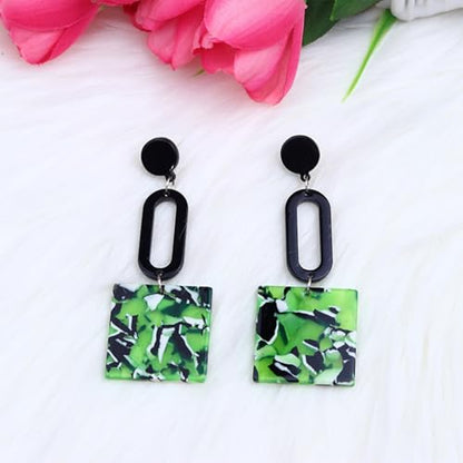 Retro Trendy Acrylic Multicolor Mottled Geometric Drop Earrings | Statement Dangle Jewelry for Women - color: green