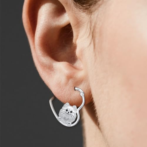 LES OSEWA Dog Animal Earrings Sterling Silver Animal Heart Hoop Dangle Earrings Cute Jewelry Gifts for Women - color: Pomeranian
