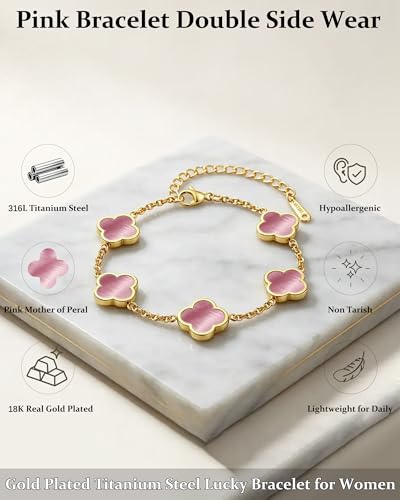 Four Leaf Clover Bracelet for Women 18K Gold Plated Stainless Steel 4 Leaf Link Chain Adjustable Bracelets Lucky Gift for Women/White/Black/Rich Red/Emerald Green/ Navy Blue/Pink Bracelets - color: Pink/Gold