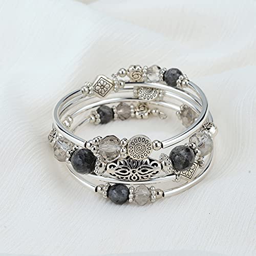 FULU AUTUMN Stackable Beaded Bracelets for Women Boho Wrap Silver Bracelet Layered Fashion Jewelry Gifts for Her - color: Grey