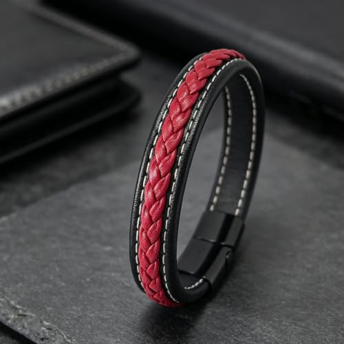 Italian Handmade Leather Bracelets for Men - color: Black Red, size: 8.2"