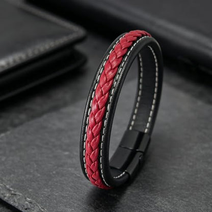 Italian Handmade Leather Bracelets for Men - color: Black Red, size: 8.2"