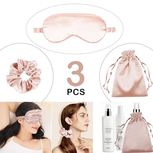 3Pcs Satin Eye Mask Silk Sleep Masks Set Silky Blindfold Eyeshade Blackout Eyes Cover Pouches Bag Scrunchy Wedding Gift - color: Blush