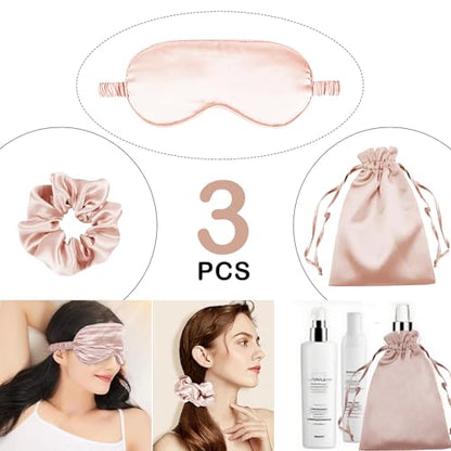 3Pcs Satin Eye Mask Silk Sleep Masks Set Silky Blindfold Eyeshade Blackout Eyes Cover Pouches Bag Scrunchy Wedding Gift - color: Blush