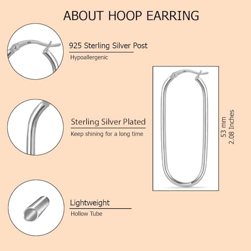925 Sterling Silver Post Oval Hoop Earrings for Women | 18K Gold-Plated Large Hoops Earring-53mm - color: White-Gold