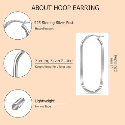 925 Sterling Silver Post Oval Hoop Earrings for Women | 18K Gold-Plated Large Hoops Earring-53mm - color: White-Gold