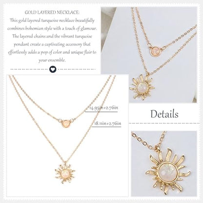 HUASAI Boho Necklaces for Women Dainty Layered Choker Necklace Bohemian Turquoise Necklace Statement Jewelry Western Cowgirl Country Concert Outfits Accessories - color: D Gold Layered Moonstone Sun Necklace