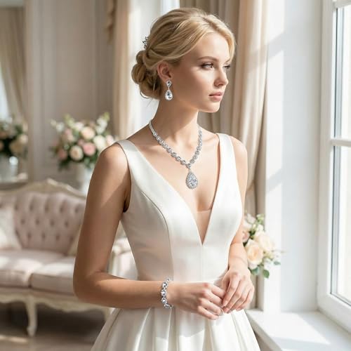 Silver Plated Necklace Earrings Bracelet Crystal Bridal Wedding Jewelry Sets for Wedding princess birthday party Halloween Prom Pageant Jewelry - color: 1-white