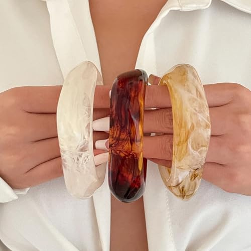 2PCS Chunky Acrylic Bracelet for Women Large Square Resin Cuff Vintage Open Bangle Bracelets Wide Geometric Jewelry - style: 3PCS-white+red+yellow