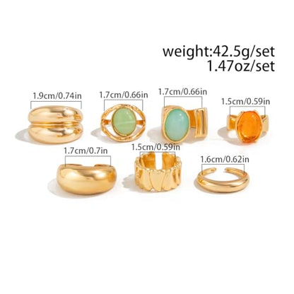 PLOUTOS Chunky Gold stone Ring Set for Women Adjustable Mixed Stone Design with Aqua Blue stone Amber Cabochons Bold Statement Fashion Jewelry Gift - color: Gold set7