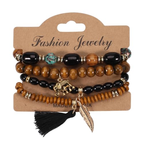 4Pcs Bohemia Multilayer Stackable Elephant Leaf Tassel Bracelets Colorful Wooden Resin Beaded Stretch Bracelets for Women Men Summer Beach Boho Vacation Hawaii Jewelry Gifts - style: StyleE