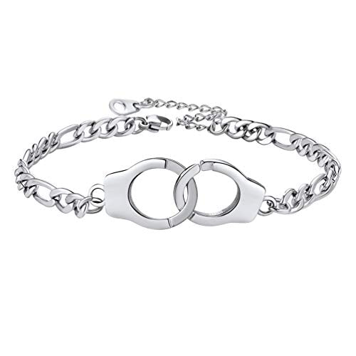PROSTEEL Trendy Handcuffs Design/Customize Words Ankle Bracelet For Women, 316L Stainless Steel Anklets Silver/Gold/Black Tone, Hypoallergenic, Come with Box - style: 01 Handcuffs Anklet(8.5"-10.5")-Elegant Silver