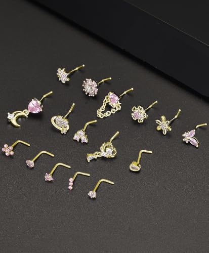 Tornito 16Pcs Nose Rings L Shaped Nose Stud Stainless Steel Butterfly Flower Leaf Heart Moon Dangle Nose Stud Ring Body Piercing Jewelry for Women Men 20G Pink Blue Clear CZ - color: D: Pink Gold