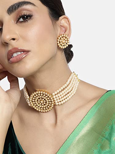 Aheli Pearl Diamond Choker Necklace & Round Earrings Gift for Women Indian Traditional Bollywood Fashion Bharatanatyam jewellery set - color: Cream