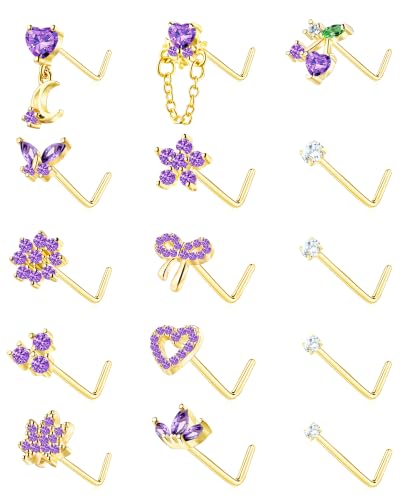 BSJ4U Nose Rings L Shaped for Women Nose Piercings 20G Surgical Stainless Steel Nose Studs CZ Heart Butterfly Flower Cherry Bow Moon Dangle Nose Piercing Jewelry - color: Gold Purple Nose Rings