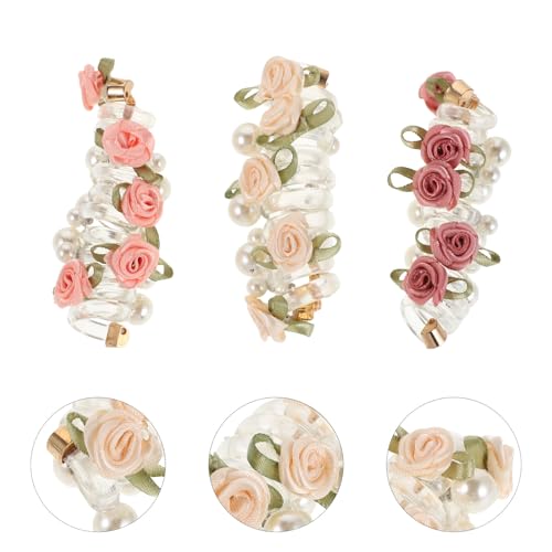 6pcs Pearl Flower Spiral Hair Ties Set – Multi Color (deep Pink, Cream, Light Pink) Coil Hair Bands for Women Ponytail Holders, No Crease Elastic Scrunchies for Festivals and Daily