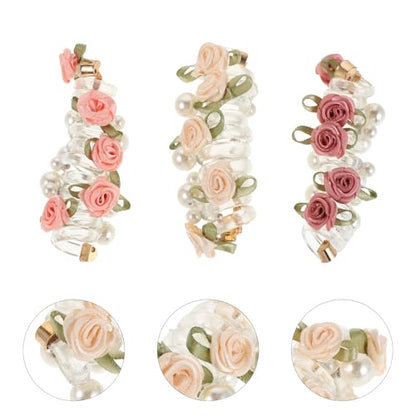 6pcs Pearl Flower Spiral Hair Ties Set – Multi Color (deep Pink, Cream, Light Pink) Coil Hair Bands for Women Ponytail Holders, No Crease Elastic Scrunchies for Festivals and Daily