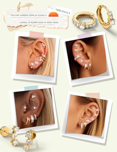 ADRAMATA Hypoallergenic Gold Earrings Stack for Women - 7Pairs Surgical Steel Small Chunky Huggie Hoops & Flat Back Stud Earrings Set Silver Cartilage Jewelry Trendy Christmas Gifts - style: Shiny - Gold