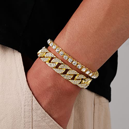 HH BLING EMPIRE 14K Gold and Silver Bracelets Diamond Tennis and Cuban Link Bracelet for Men Women Hip Hop Jewelry - color: Set B-Gold, size: 8.5"
