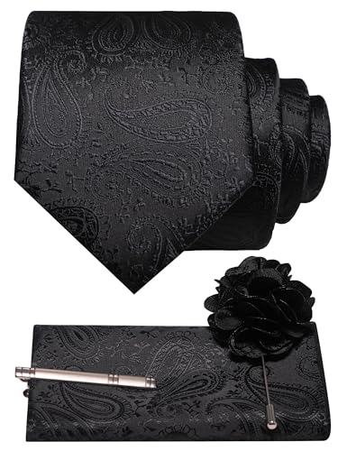 JEMYGINS Mens Paisley Tie and Lapel Pin Necktie Pocket Square and Tie Clip with Sets for Business Casual 4PCS - color: Black