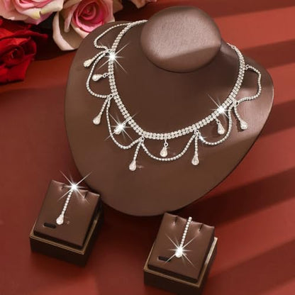 Rhinestones Necklace Earrings Set for Women Water Droplet Necklace Earrings Set Double Layer Gemstone Choker and Drop Earrings Cubic Zirconia Bridal Earrings Necklace Set Crystal Wedding Jewelry Sets - color: silver