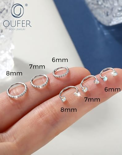 OUFER 2PCS Nose Rings Hoops, 20g Double Gem Horseshoe Threadless Nose Rings for Women, Septum Clicker Daith Tragus Helix Rook Eyebrow Lip Piercing Jewelry - color: Silver AB CZ