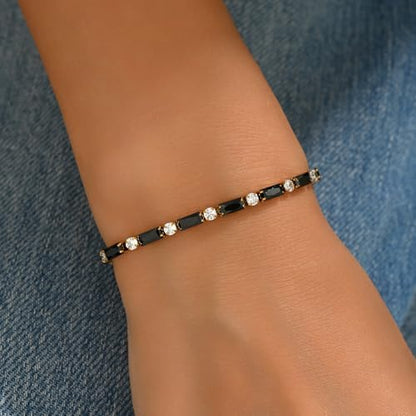 18K Gold Plated Multi-Color Classic Tennis Bracelet for Women Dainty Color 3mm Rainbow Cubic Zirconia Bracelet Adjustable CZ Gold Bracelets Trendy Summer Jewelry Gift - style: Black-Gold