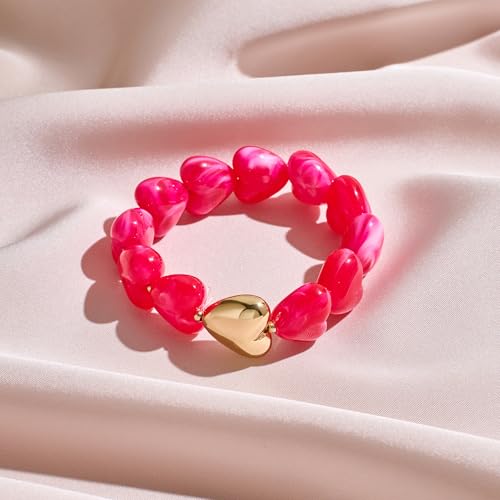 WOWORAMA Chunky Beaded Bracelets for Women Colorful Large Square Beads Bracelet Boho Acrylic Resin Stretch Bracelets Statement Chunky Bracelet Summer Jewelry - color: Heart-Rose Red
