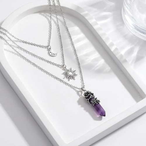 Gothic Emo Grunge Crescent Moon Layered Choker for Women | Boho Moon Sun Star Crystal Pendant Necklace, Punk Witchy Halloween Christmas Jewelry Accessories Gifts - color: Purple