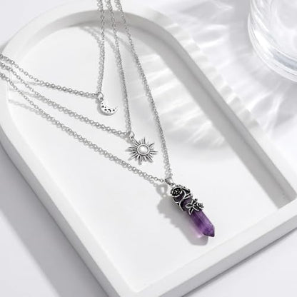 Gothic Emo Grunge Crescent Moon Layered Choker for Women | Boho Moon Sun Star Crystal Pendant Necklace, Punk Witchy Halloween Christmas Jewelry Accessories Gifts - color: Purple