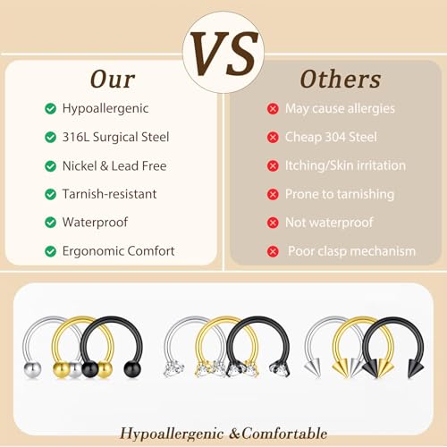 D.Bella 16G Horseshoe Septum Ring Surgical Steel Nose Hoop CZ Earring Eyebrow Lip Tragus Helix Daith Piercing Jewelry for Women Men 8-12mm - color: silver