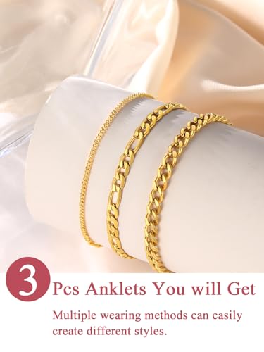 FOCALOOK Anklet Bracelets Set for Women, 14K Gold Plated Layered Anklet Set | Adjustable for Large Ankle, Cuban/Snake/Figaro/Paperclip Chain, Waterproof & Non Tarnish for Everyday Wear, Beach & Summer - color: D:3Pcs-1.8mm&5mm Cuban/Figaro-Gold