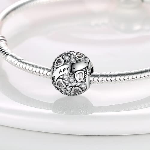 MULA Birthstone Charms 925 Sterling Silver for Bracelets and Necklaces | Dangle Pendants Beads With 5A Cubic Zirconia - Happy Birthday Mothers Day Jewelry - color: April Birthstone