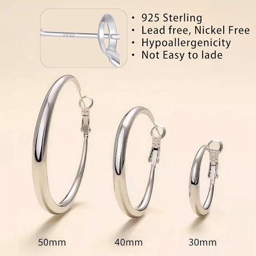 14K Gold Plated Hoop Earrings for Women, 925 Sterling Silver Hypoallergenic Post Hoops 30/40/50mm,Thick Infinity Hoops Small Trendy Chunky Earrings - color: silver, size: 50mm