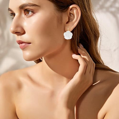 Handmade Bohemian Aesthetic Dainty Acrylic Flower Petal Leverback Earrings Sparkly 14K Gold Floral Dangle Drop Earrings for Women - color: White