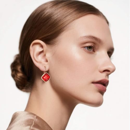 Austrian Crystal Square Leverback Drop Earrings for Women | Classic Square-Cut Crystal,14K Gold-Plated,Leverback for Easy Secure Wear,Gift Box Included,For Day and Evening Events - color: Red
